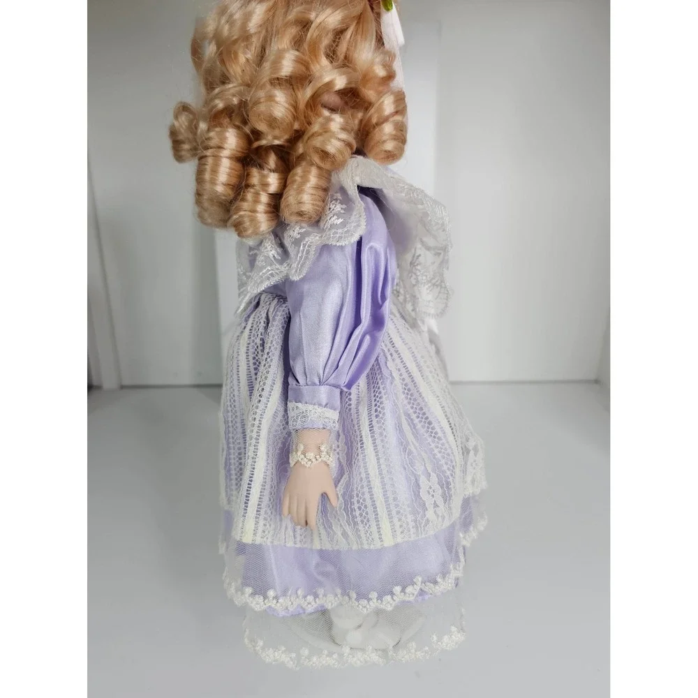 Vintage‎ Porcelain Doll Blonde Hair Blue Eyes Curls w Stand 14